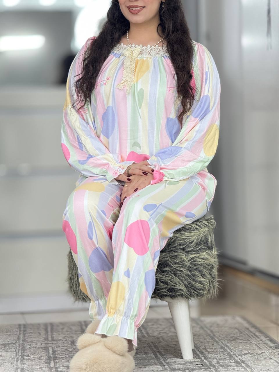 ست دورس شلوار یقه گیپور لاله کد 6326