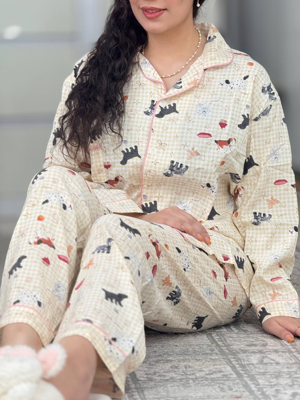 ست دکمه دار استین بلند سگ چهارخونه زرد کد6269