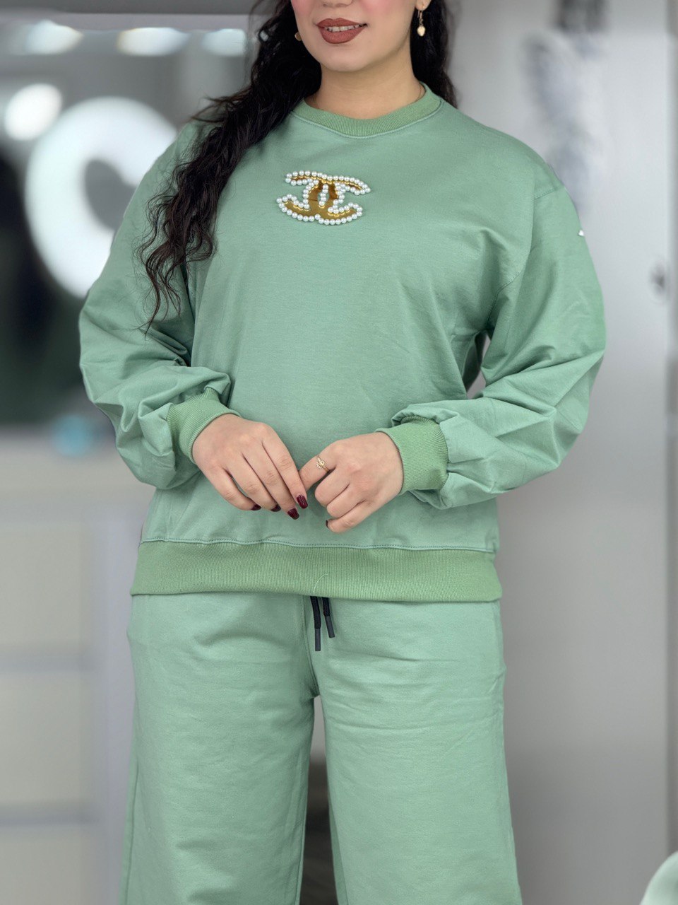 ست دورس شلوار نگینی سبز پاستیلی کد 6445