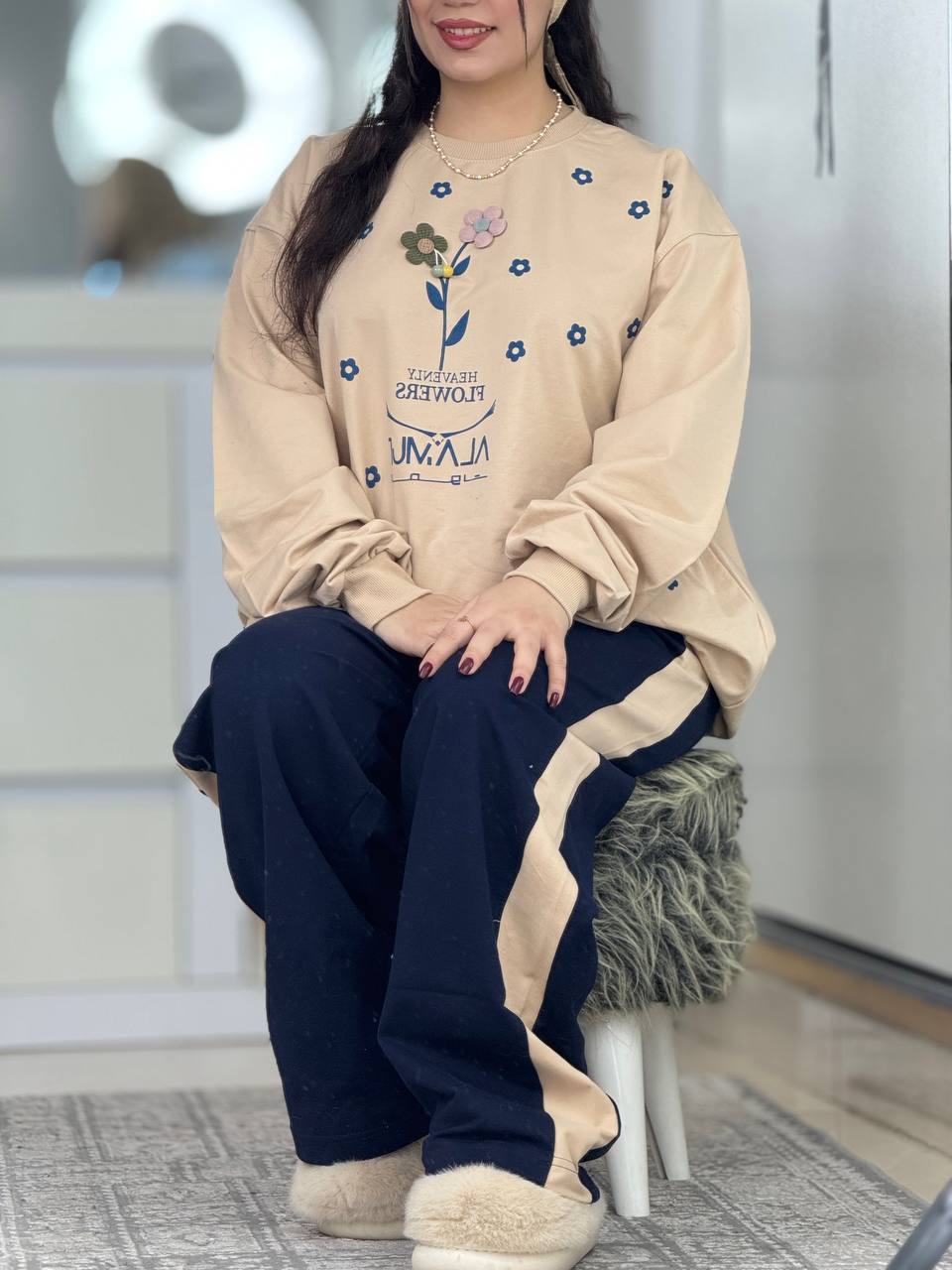 ست دورس شلوار نواردار گل برجسته کد 6343