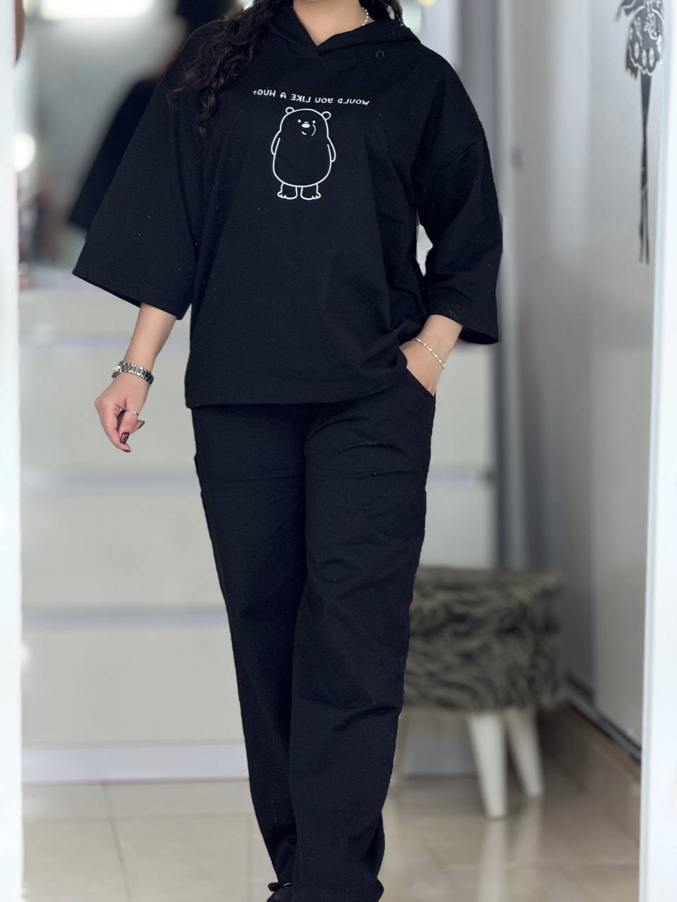 ست نیم استین کلاهدار مشکی کد 6354