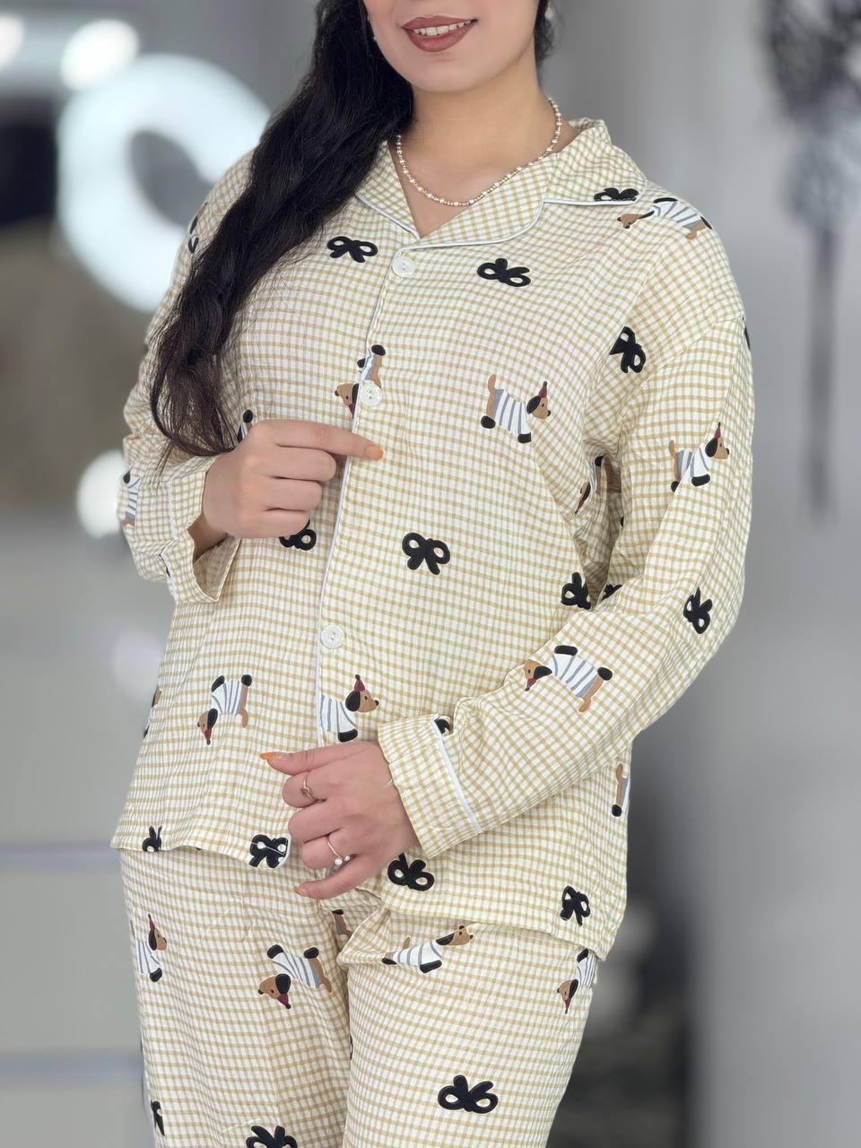 ست دکمه دار استین بلند پاپیون چهارخونه زرد کد6260