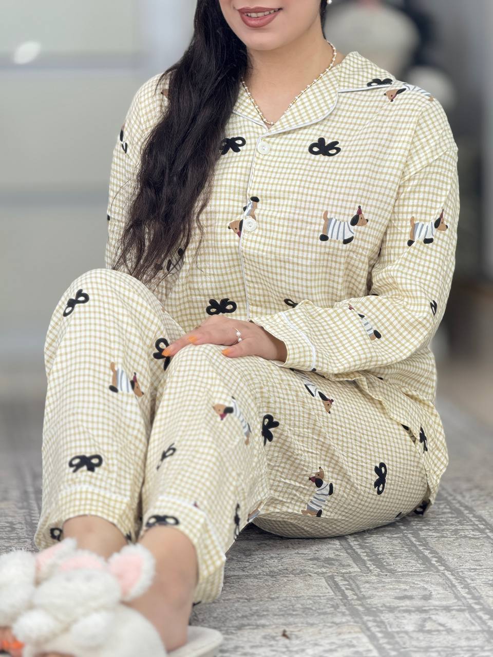 ست های پاییزه و زمستانه - ست دکمه دار استین بلند پاپیون چهارخونه زرد کد6260 ست دکمه دار استین بلند پاپیون چهارخونه زرد کد6260-1