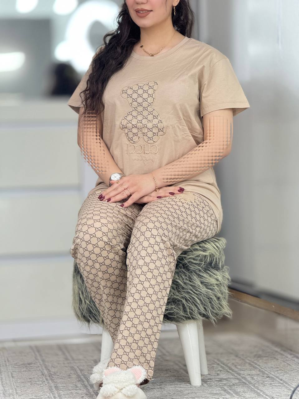 ست گوچی استین کوتاه خرس بزرگ نسکافه ای کد 730