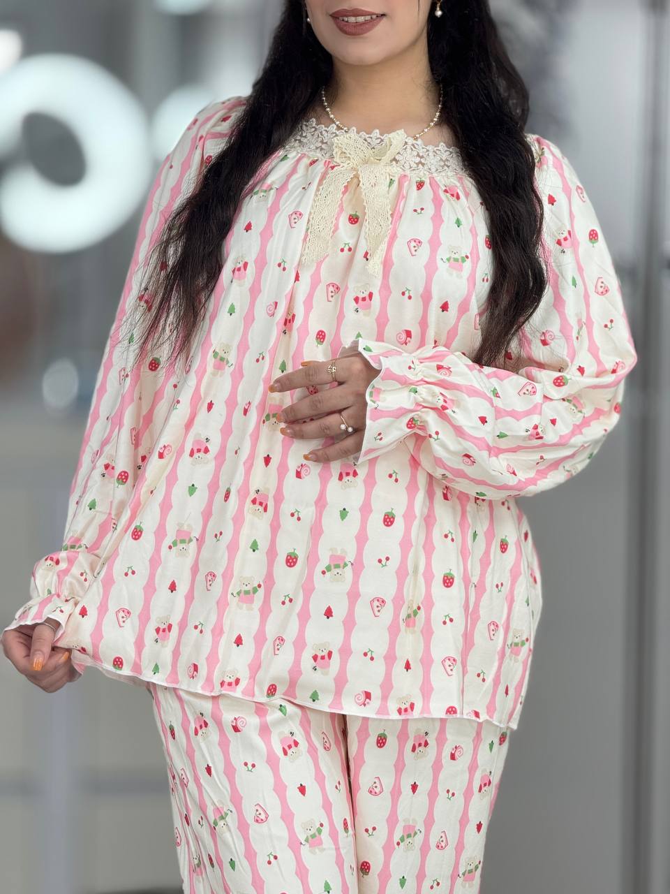 ست دورس شلوار یقه گیپوری گیلاس توت فرنگی کد6294