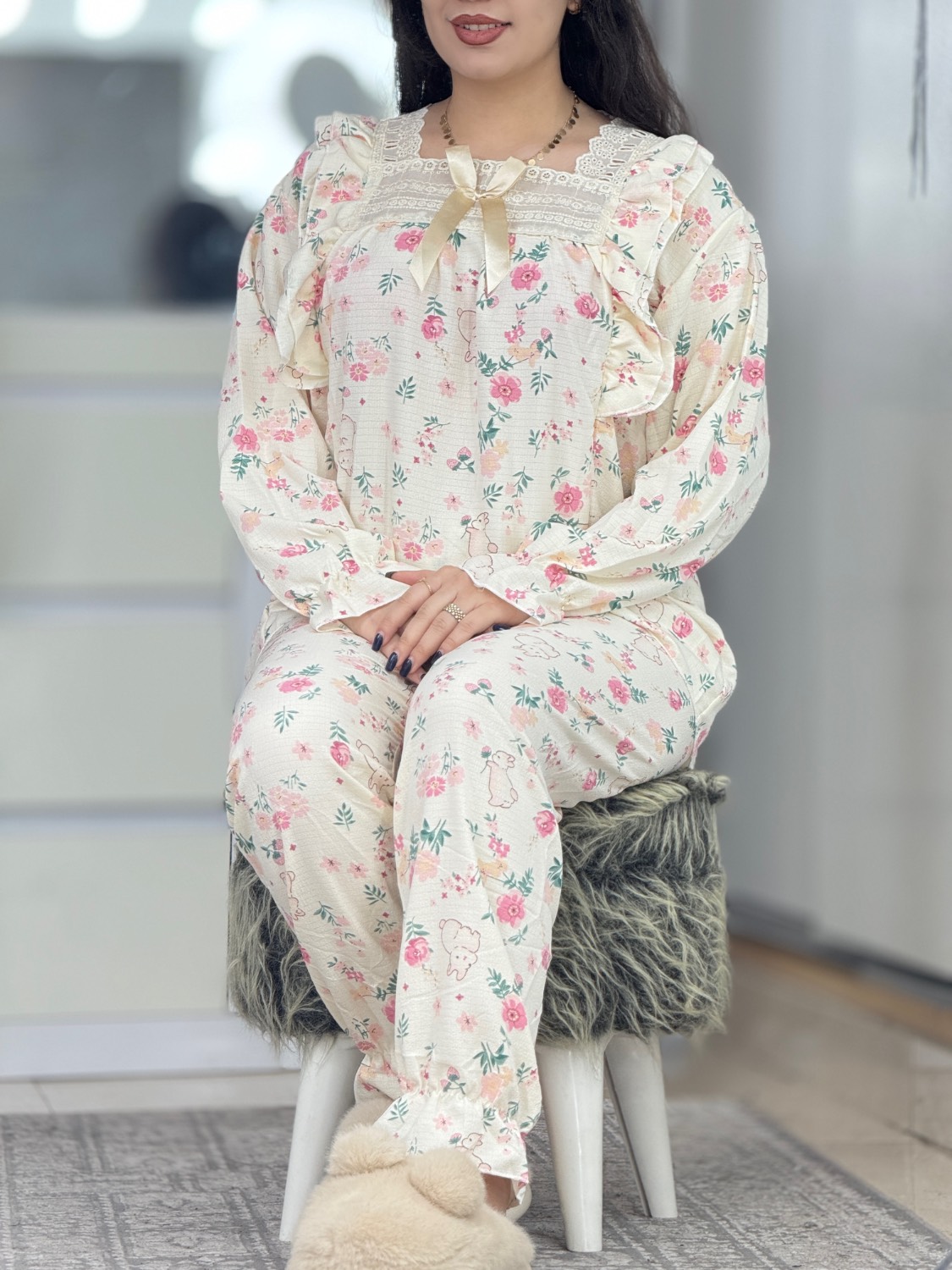 ست یقه گیپور خرگوش و گل صورتی کد 33504