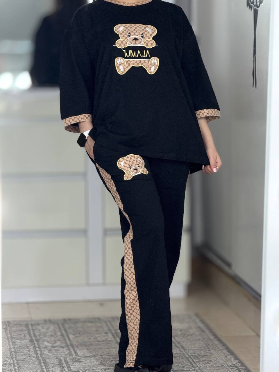 ست بگی گوچی نواردار مشکی کرم کد 6394