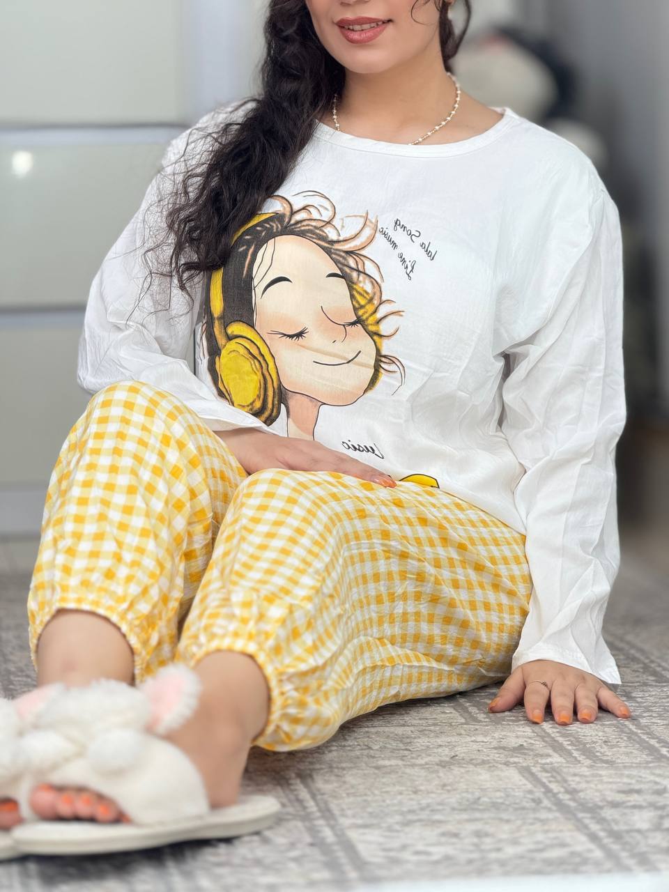 ست استین بلند وارداتی شلوارچهارخونه زرد 6194