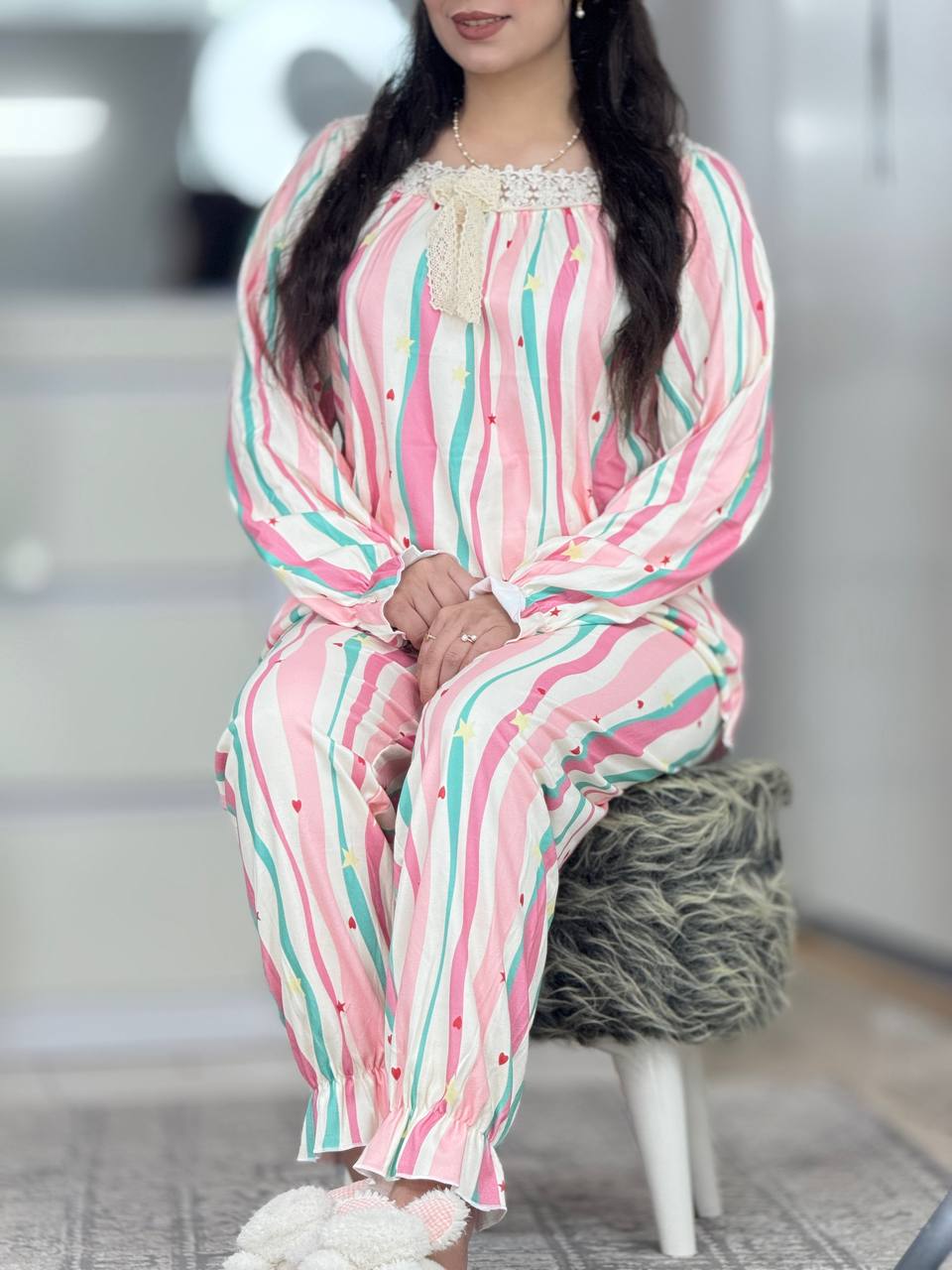 ست دورس شلوار یقه گیپوری راه راه صورتی کد6295