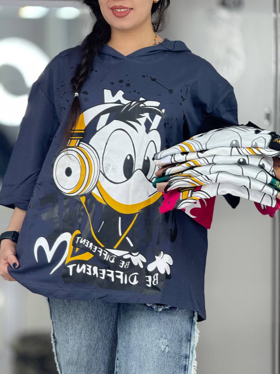 تیشرت باکسی کلاهدار اردک و هدفون کد 33444