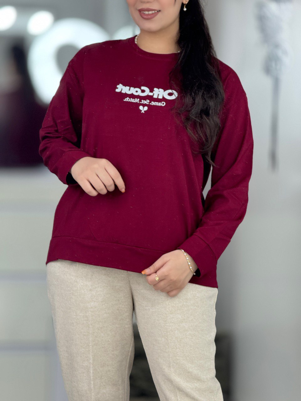 تیشرت،دورس،کراپ،بلوز استین بلند - بلوز استین بلند مچ دار فونت بزرگ کد 6287 بلوز استین بلند مچ دار فونت بزرگ کد 6287-6