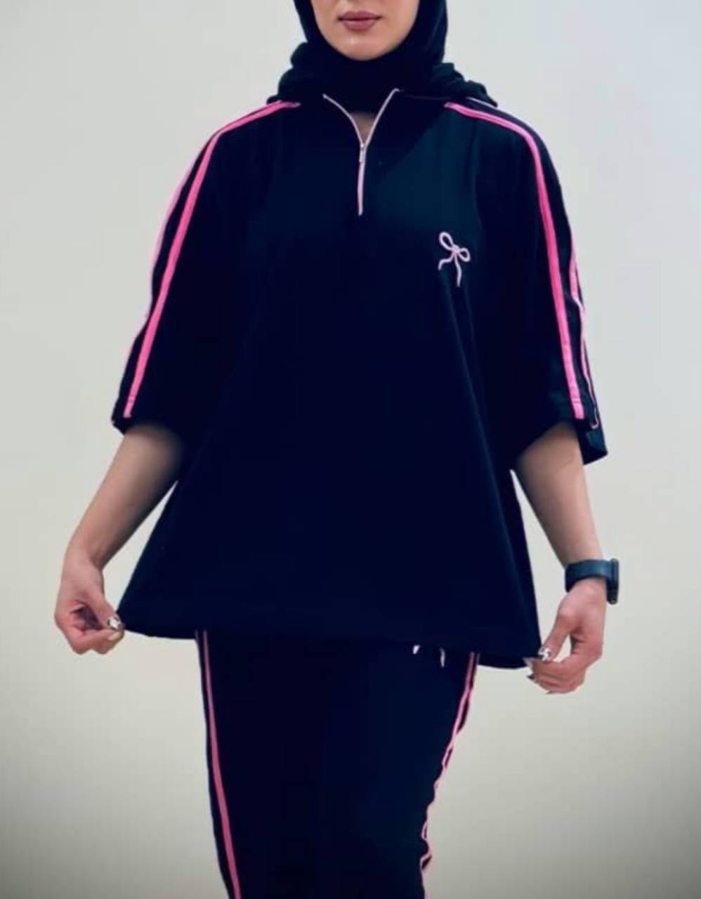 ست نیم زیپ پاپیون مشکی سرخابی کد 6468