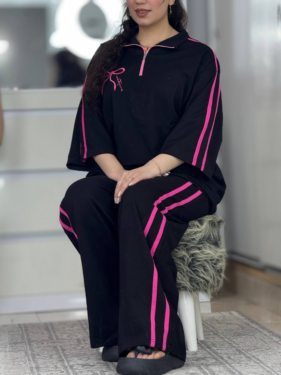 ست نیم زیپ پاپیون مشکی سرخابی کد 6468