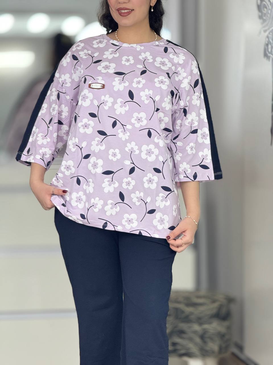 ست بگی گلدار شلوار سورمه ای کد 6404