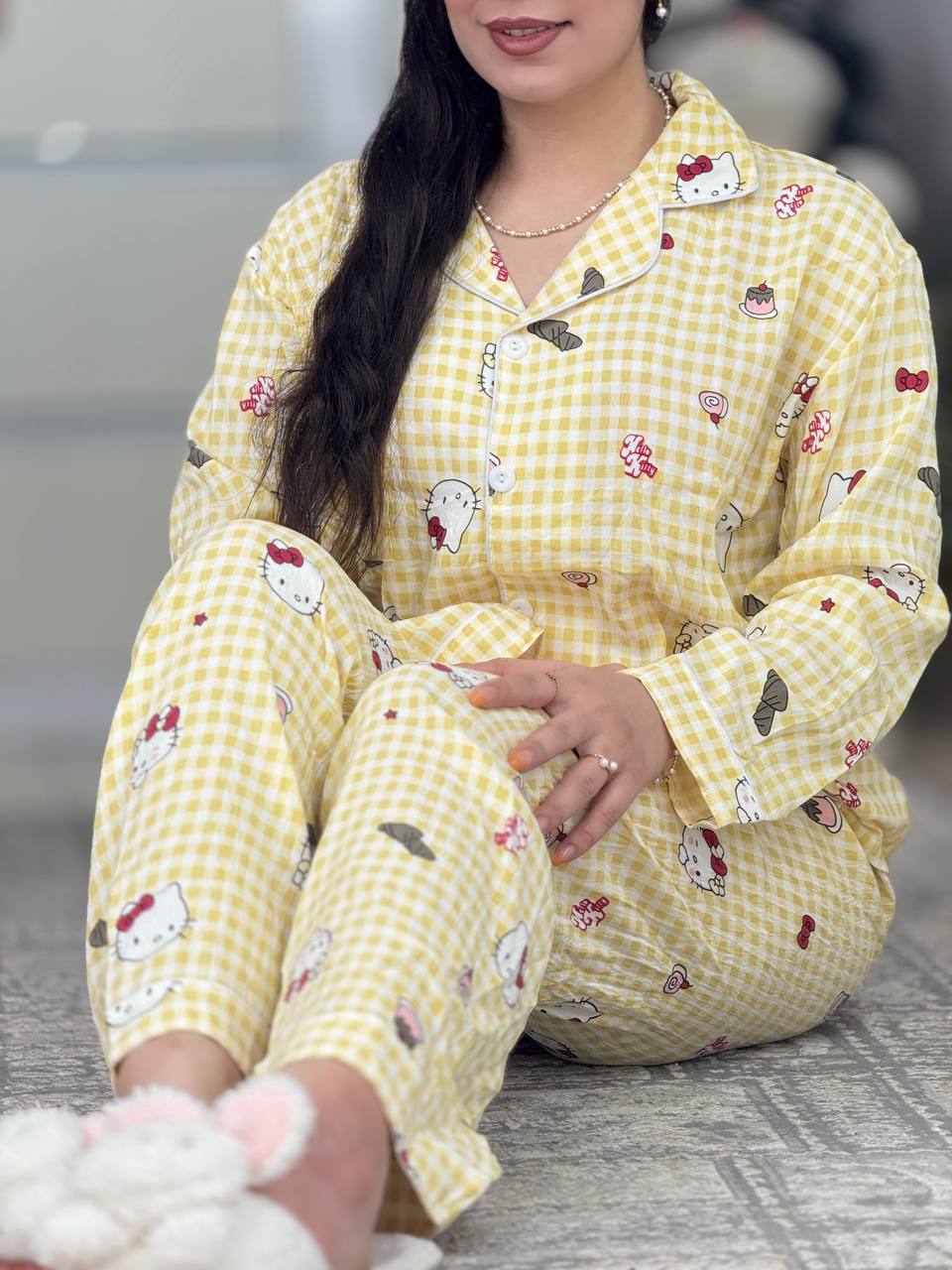 ست دکمه دار استین بلند کیتی چهارخونه زرد کد6258