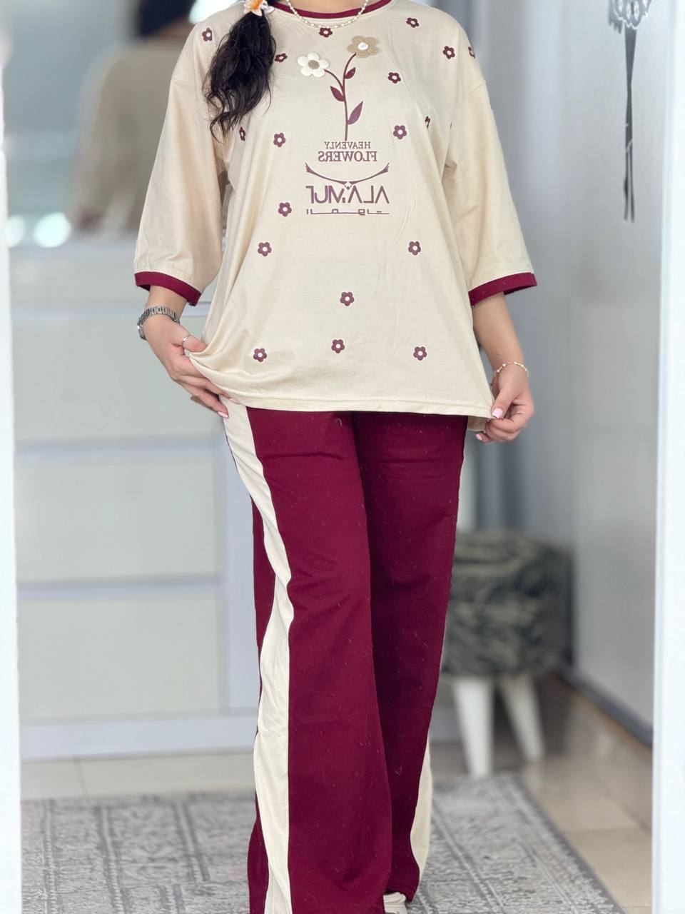 ست بگی گل برجسته شلوارنواردار کد 6355