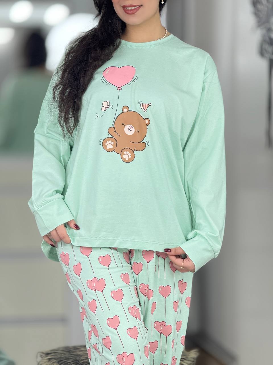 ست بلوز شلوار استین بلند خرس و قلب کد 6339